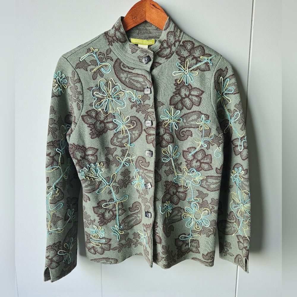 Sigrid Olsen Sage Paisley Floral Embroidered Cardigan Sweater Womens M Button Up